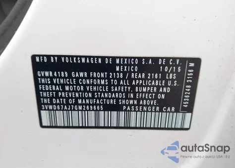 2016 Volkswagen Jetta 1.4T Se z USA, uszkodzony, nr VIN 3VWD67AJ7GM269665